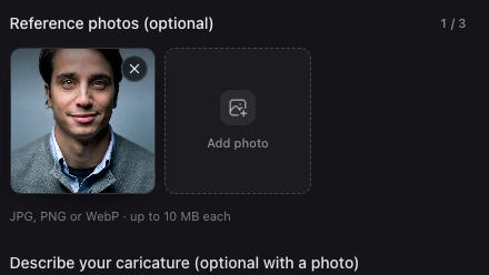 Actual portrait reference upload with the photo limit and supported file types